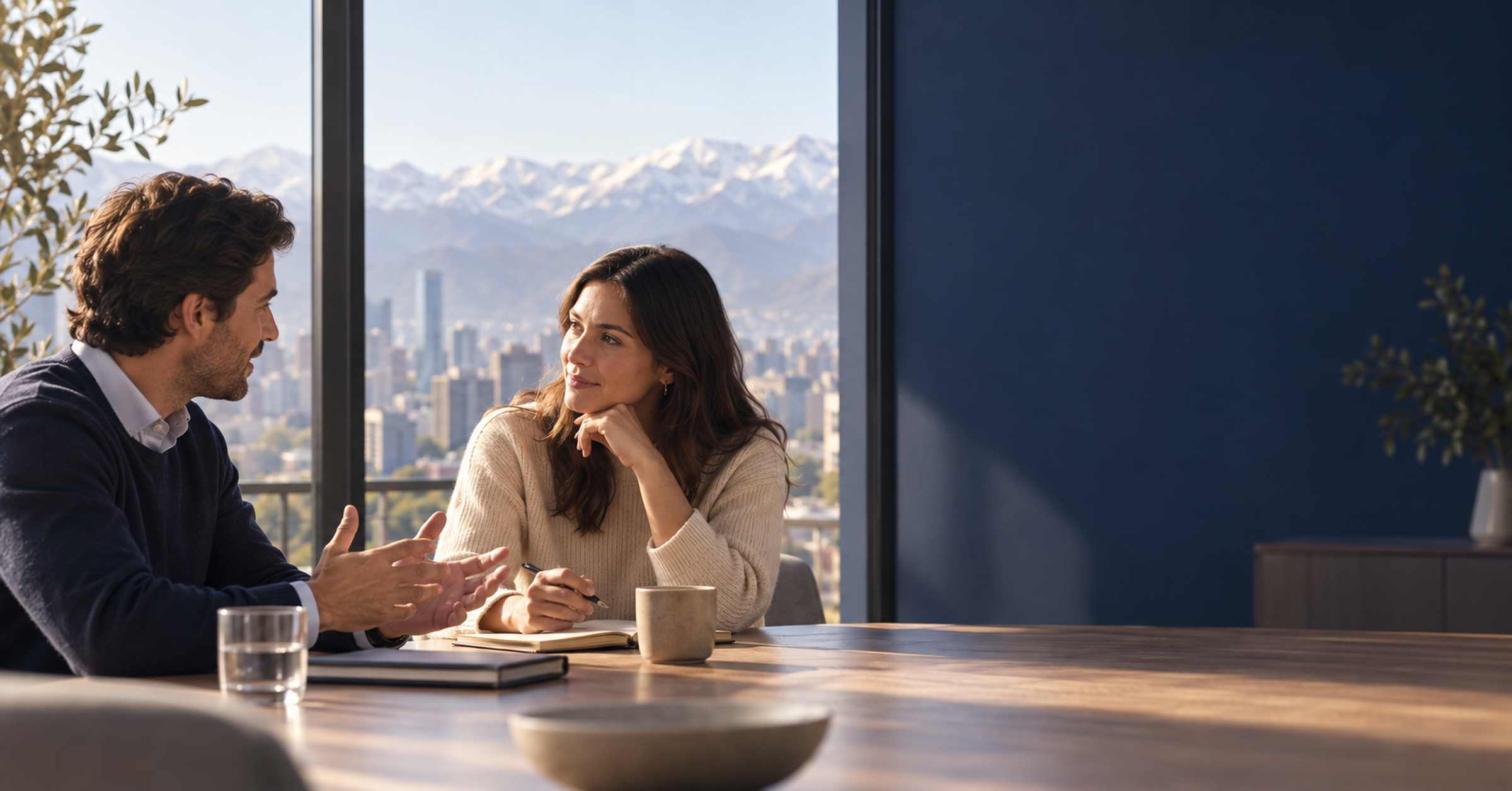 Dos personas conversan sobre finanzas en una oficina con la cordillera de los Andes y Santiago al fondo